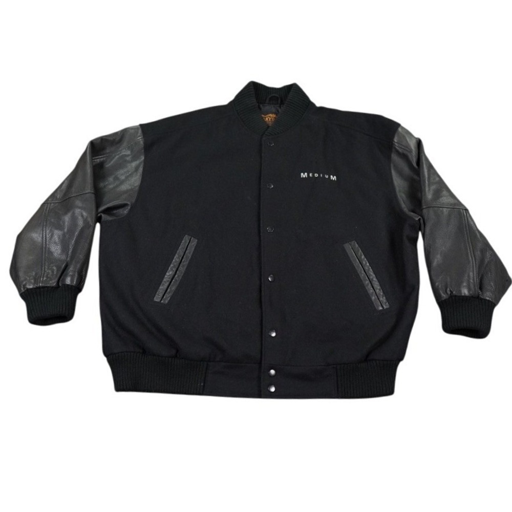 Canyon Outback Varsity Jacket Mens 3XL Black Leather Sleeve Bomber Snap Logo